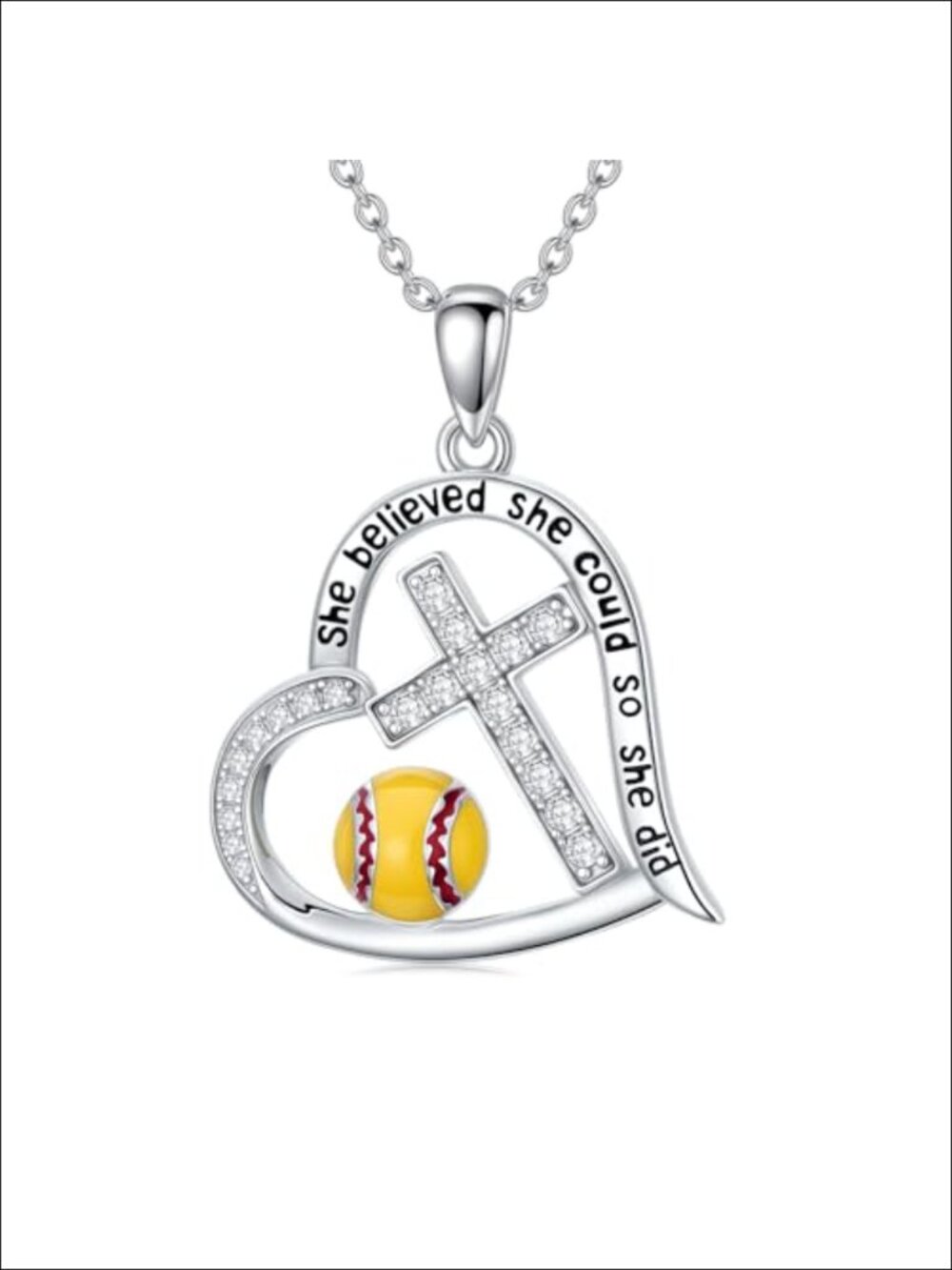 925 Sterling Silver Heart Cross Softball Necklace Cheer Gift Pendant Jewelry